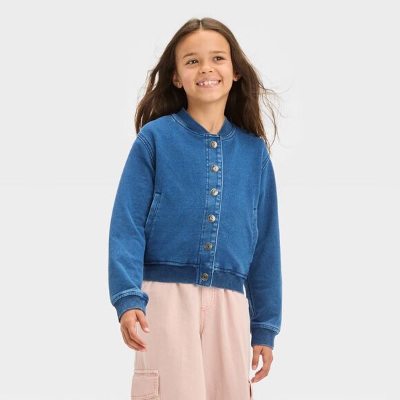 NEW Cat & Jack™ Girls' Varsity Denim Jacket Medium Wash - Picture 1 of 6
